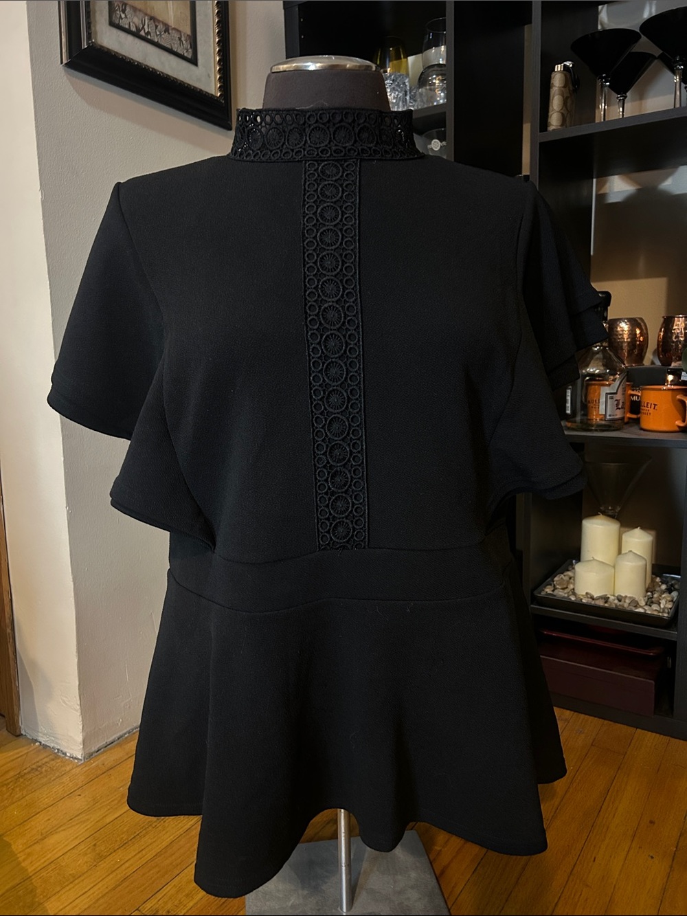 Ashley Stewart Black Short-Sleeve Peplum Dress with Crochet Trim